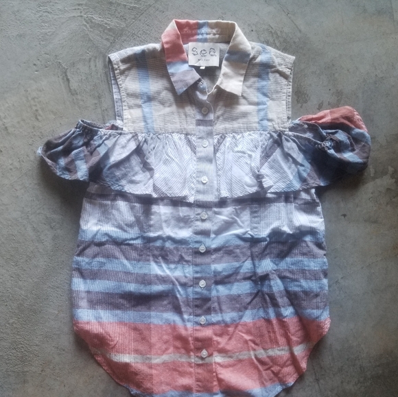2 for $15 🎈SALE! Sea New York Plaid Ruffle Cold Shoulder Top 0 - Picture 5 of 12